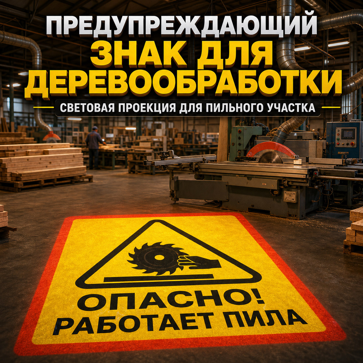 Проекционный предупреждающий знак для деревообработки | «Опасно! Работает пила» для пильных участков