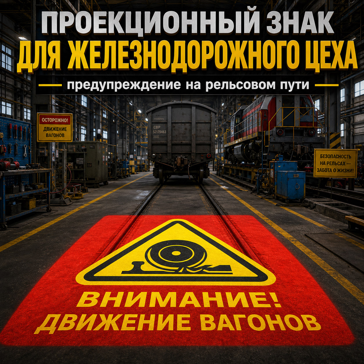 Проекционный предупреждающий знак для железнодорожного цеха | «Внимание! Движение вагонов»