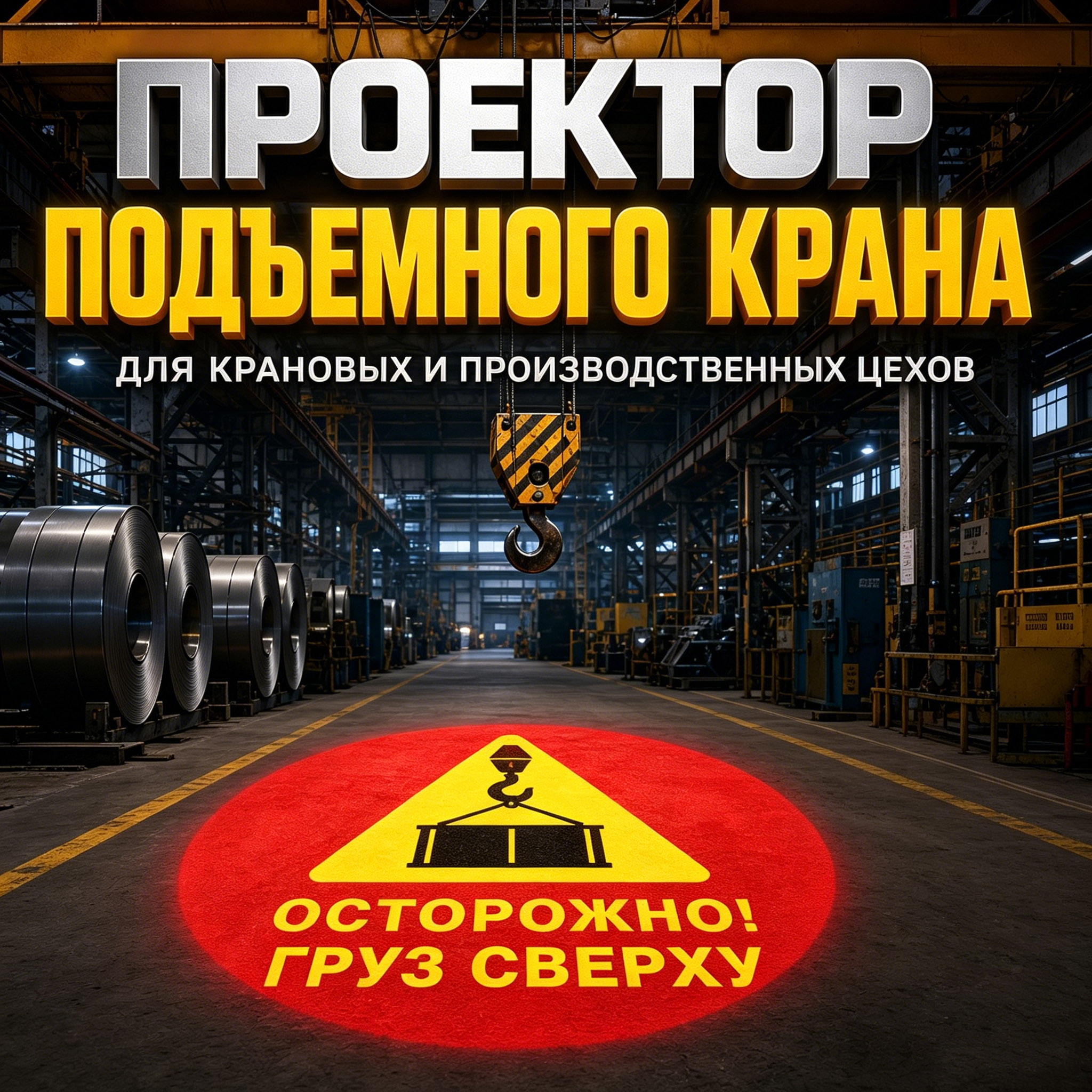 Проектор предупреждающей разметки для подъемного крана | Знак «Осторожно! Груз сверху» для крановых и производственных цехов