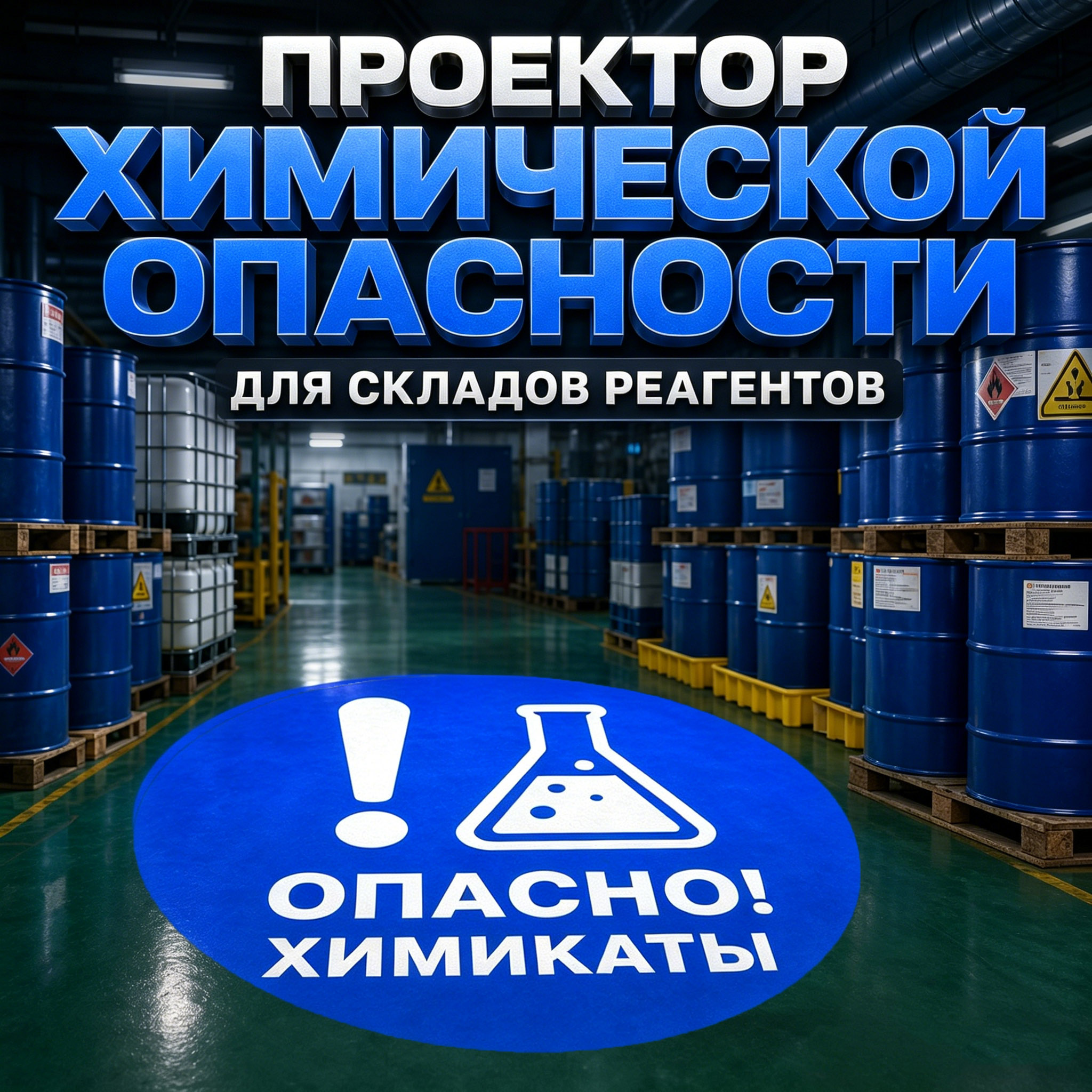 Проектор предупреждения химической опасности для складов реагентов | Знак «Опасно! Химикаты» для хранилищ химических веществ