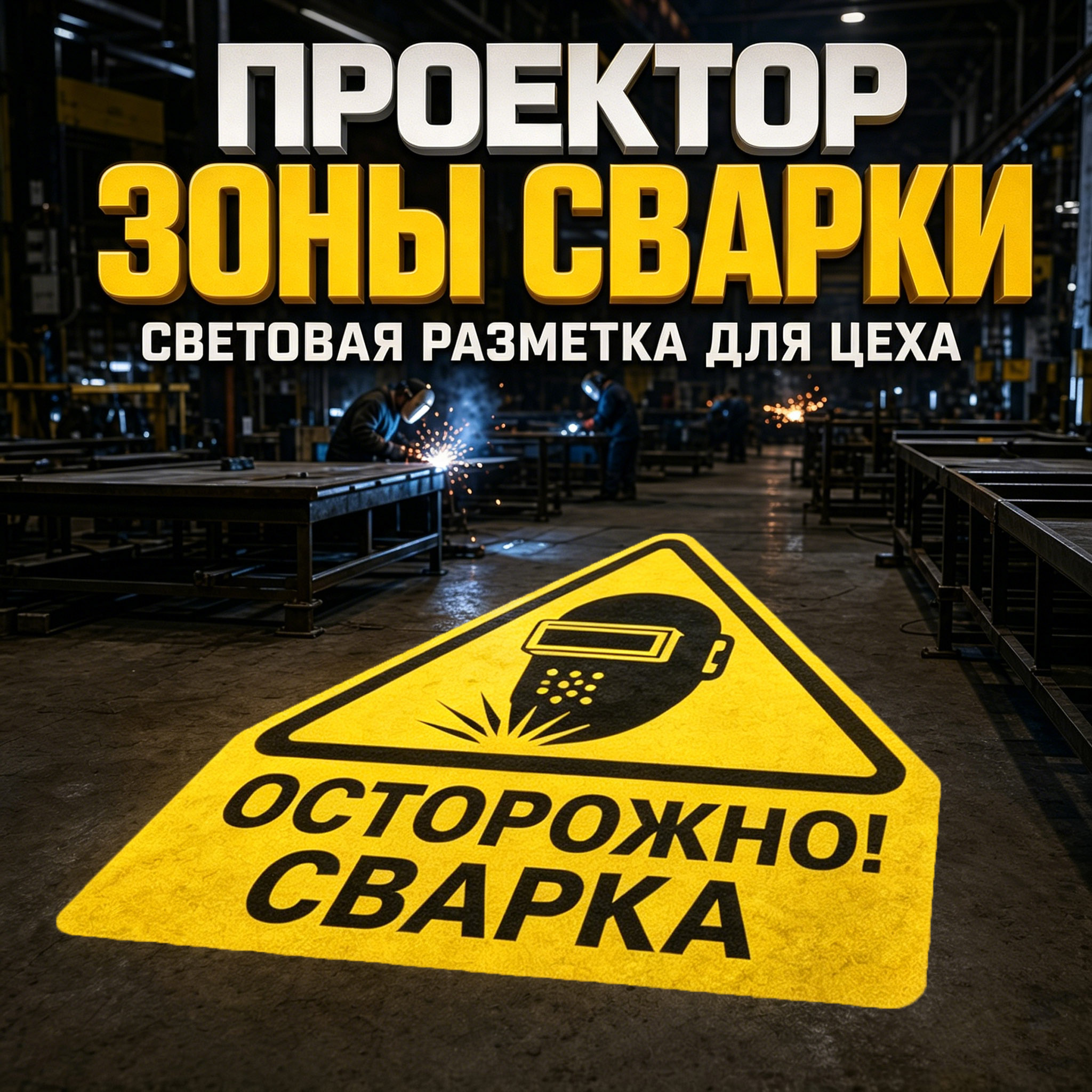 Проектор световой разметки зоны сварки | Предупреждающий знак «Осторожно! Сварка» для сварочных цехов