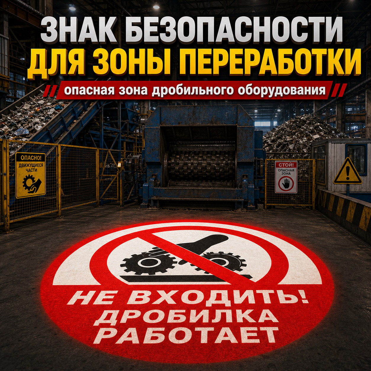 Проекционный знак безопасности для зоны переработки | Предупреждение «Не входить! Дробилка работает» для опасных участков дробильного оборудования