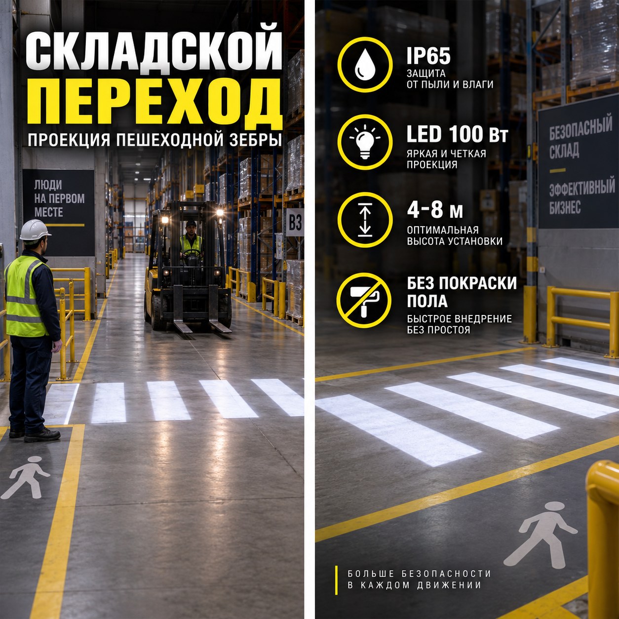 Складской проектор пешеходной зебры для проходов между стеллажами и зон движения погрузчиков
